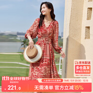 尚都比拉春秋中長款印花紅色連衣裙氣質(zhì)女神范顯瘦度假裙子 紅花 M 