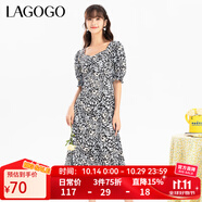 LAGOGO拉谷谷新款V領(lǐng)夏日多巴胺甜美泡泡袖A字印花雪紡連衣裙女 混色（Y0） S 155/36