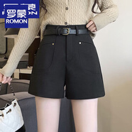 羅蒙（ROMON）韓版大口袋毛呢短褲高腰直筒闊腿靴褲百搭寬松顯瘦a字休閑褲外穿 黑色 S  80-95斤