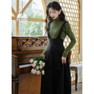 學(xué)院風(fēng)背帶裙套裝女秋冬2025新款法式復古森女系毛衣裙子兩件套裝 綠色上衣背帶裙 S