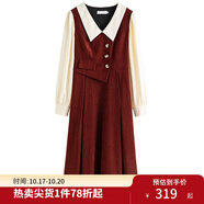 獨(dú)束大碼女裝假兩件撞色襯衫領(lǐng)連衣裙女秋冬微胖mm文藝復(fù)古穿搭裙子 勃艮第紅【適合160左右】 XL