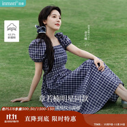 茵曼章若楠同款|法式格紋連衣裙夏季女裝泡泡袖a字裙子 藏青藍(lán)  XL