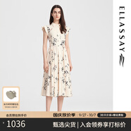 歌力思（ELLASSAY）春夏新款荷葉邊新中式素雅印花長(cháng)裙垂墜連衣裙女EWB332Y07300 黑花卉 XS