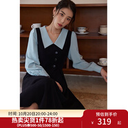 獨束大碼女裝假兩件撞色襯衫領連衣裙女秋冬微胖mm文藝復古穿搭裙子 墨染黑【適合165左右】 2XL