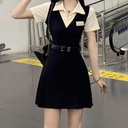 新款小個(gè)子夏穿搭清純欲甜美文藝淑女短袖連衣裙子女學(xué)院風(fēng)A字裙 杏黑（短款） 約會(huì)穿搭+配腰帶 L  95-105斤