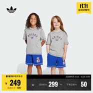 adidas男女小童經(jīng)典運動短袖套裝兒童夏季新款阿迪達(dá)斯官方三葉草   中麻灰/亮藍(lán)   116
