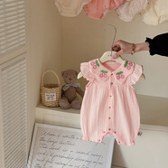 藍碩嬰兒衣服夏季女寶寶連體衣刺繡花朵紗布棉新生兒短袖薄款哈衣爬服 粉紅色_櫻桃紗布哈衣 66cm