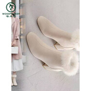 啄木鳥(niǎo)真皮兔毛馬丁靴女中跟粗跟方頭時(shí)裝靴配短裙絨布加絨短靴秋冬顯廋 黑色加絨 35