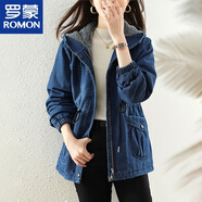 羅蒙收腰牛仔棉衣加絨短外套女秋冬新款韓版寬松大碼連帽加厚保暖棉服 藍(lán)色 加絨 M 建議90-110斤