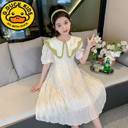 G.duck女童夏裝連衣裙2025新款中大童女孩泡泡袖雪紡裙子兒童夏季公主裙 米白 120 碼