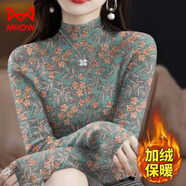 貓人（MiiOW）限量活動(dòng)加絨保暖女士半高領(lǐng)長(cháng)袖T恤打底衫冬季新款氣質(zhì)上衣 綠碎花15139-加絨加/厚】上衣長(cháng)/袖交叉領(lǐng) 2XL 建議120-135斤】