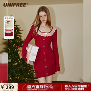 UNIFREE【秋裝新品】長袖針織連衣裙娃娃領(lǐng)復(fù)古純欲收腰包臀裙子 紅色 L
