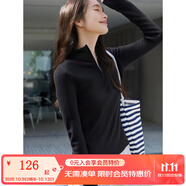 梵希蔓（vimly）拉鏈連帽毛衣女秋冬彈力修身羊毛針織打底衫薄款上衣 73559 黑色 M