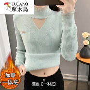 啄木鳥(niǎo)加絨加厚毛衣女秋冬新款蕾絲邊針織衫保暖一體絨打底衫洋氣內(nèi)搭潮 S 80-95斤 白色