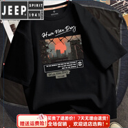 JEEP SPIRIT/吉普 美式復古T恤男短袖加肥加大純棉半袖夏季感大碼肥佬寬松體 黑色(日落城市) 165/S