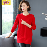 初徑新款秋冬純羊毛衫女中長款打底衫新款修身圓領(lǐng)繡花針 紅色 M