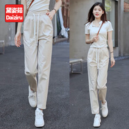 黛姿茹米白色褲子女秋季2025新款秋裝高腰小腳褲百搭系帶松緊腰休閑褲 米白色 S (26) 【推薦80-95斤】