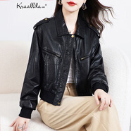 卡搭（kraallda）品牌真皮皮衣女2025秋新短款流行復古風(fēng)油蠟頭層牛皮夾克小外套女 黑色 M