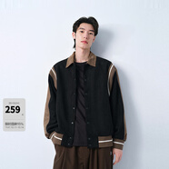 太平鳥男裝 復(fù)古仿麂皮夾克巴恩風(fēng)撞色棒球服寬松休閑茄克外套 黑色（闊型）第二批 2XL