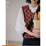 LE BEMIO「白描工作間」“返校日”春裝新品V領毛針織衫提花復古針織馬甲 酸莓紅(預售) L