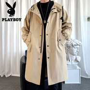 花花公子風(fēng)衣男士中長(cháng)款秋冬季港風(fēng)連帽長(cháng)款棉大衣韓版披風(fēng)加棉外套男 卡其色 L 【建議體重 120-135斤】