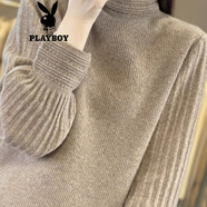 花花公子（PLAYBOY）韓版休閑2025年新款秋冬半高領(lǐng)泡泡袖衫女寬松顯瘦針織打底毛衣 駝色【官方】官方旗艦版 S 建議80-90斤穿