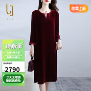 OLJ國際高檔品牌真絲絲絨連衣裙女2025年春秋新款時尚喜宴桑蠶絲裙子 酒紅色 XL 建議130斤以內(nèi)