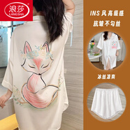 浪莎（LangSha）冰絲睡裙女夏季2025新款網(wǎng)紅純欲性感寬松短袖中長(cháng)款大碼襯衫睡衣 白色小狐貍+短褲 L 165