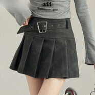 米可杉扎染半身裙女PU皮短裙秋冬高腰顯瘦a字裙咖色百褶裙子 深灰 M