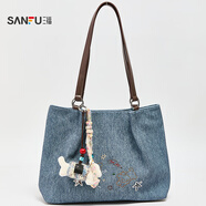 三?？姘驴畎蓍e通勤女包多巴胺大容量單肩包托特包458518 牛仔線(xiàn)條小狗 大