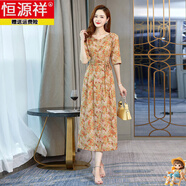 恒源祥法式真絲連衣裙女士2025年新款中袖收腰桑蠶絲碎花a字裙過(guò)膝 橙色 L 110-120