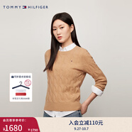 TOMMY HILFIGER【明星同款系列】秋冬女裝絞花肌理休閑通勤內搭羊毛衫毛衣 深卡其色RBL L （推薦：120-130斤）