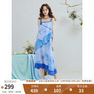 兩三事青漪浣紗 2025夏季新款森女風(fēng)荷葉邊拼接盤(pán)扣印花吊帶裙連衣裙 彩藍色 S
