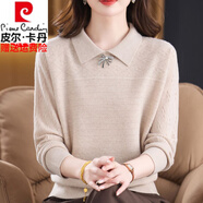 皮爾卡丹高檔秋冬季100%純羊毛衫女士翻領(lǐng)上衣針織衫毛衣新款純色打底小衫 駝色 4XL (建議160-175斤)