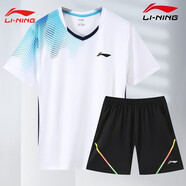 李寧1990夏季新款涼爽跑步運(yùn)動(dòng)透氣吸汗速干羽球短袖套裝訓(xùn)練比賽男女 青龍臂套裝 M 男款 M