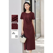 米思陽(yáng)（missshine）2025夏季新款極簡(jiǎn)老錢(qián)風(fēng)連衣裙設計感收腰褶皺顯瘦垂順裙子 紅咖色現貨直發(fā) L