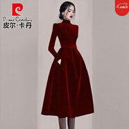 皮爾卡丹（pierre cardin）時尚洋氣減齡法式氣質(zhì)輕熟女裝2025秋冬新款長袖大擺金絲絨連衣裙 酒紅色 S
