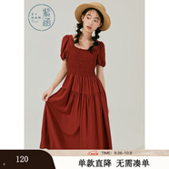紫涵方領(lǐng)泡泡袖連衣裙女夏新款小眾蕾絲中長(cháng)裙高腰打攬七夕送女生 復古紅 XS