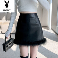 花花公子秋冬PU皮裙半身裙女裙子2025秋季新款大碼小皮裙短裙a字裙包臀裙 【5691#】黑色 XL 【建議120-130斤】