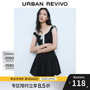 UR2025春季新款女裝撞色蕾絲飄帶U領(lǐng)無袖修身連衣裙UYY750014 黑色 (偏短) S