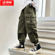 北極絨男童褲子秋冬款兒童工裝褲男孩休閑褲寬松青少年大童裝一體絨長(cháng)褲 軍綠（不加絨） 160cm（不偏胖建議按身高購買(mǎi)）