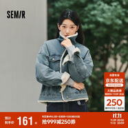 森馬（Semir）牛仔外套女拼接仿兔毛翻領寬松港風冬季落肩夾棉夾克103724108001