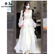 春乏連衣裙女春夏新款法式溫柔風(fēng)穿搭公主裙收腰顯瘦荷葉邊通勤長裙子 長Xiu連衣裙 M 96-105斤