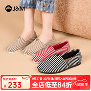 快樂瑪麗（J&M）單鞋男女2025春季新款時尚條紋懶人一腳蹬平底休閑布鞋 紅色 43 265mm