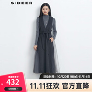 S.DEER圣迪奧女裝V領收腰網紗毛呢背帶連衣裙S23481204 德國灰/87 S