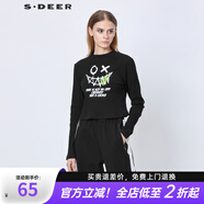 S.DEER【專(zhuān)享款】圣迪奧春秋季羅紋圓領(lǐng)字母膠印不規則長(cháng)袖T恤S21380221 黑色/91 S