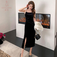 酥享2025新款絲絨開(kāi)叉吊帶連衣裙女秋冬黑色內搭中長(cháng)款打底小黑裙子 黑色 2XL