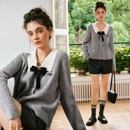 Olrain歐芮兒翻領(lǐng)蝴蝶結毛衣女裝秋季套頭衫上衣 灰色（第二批次） S