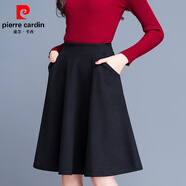 皮爾卡丹（pierre cardin）松緊腰毛呢半身裙女中長(cháng)款a字裙大碼蓬蓬傘裙短裙子秋冬新款洋氣 黑色【有口袋】 M 90-105斤