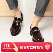 村哥牛皮樂(lè )福鞋男商務(wù)休閑皮鞋男正裝英倫厚底增高鞋 酒紅色 39